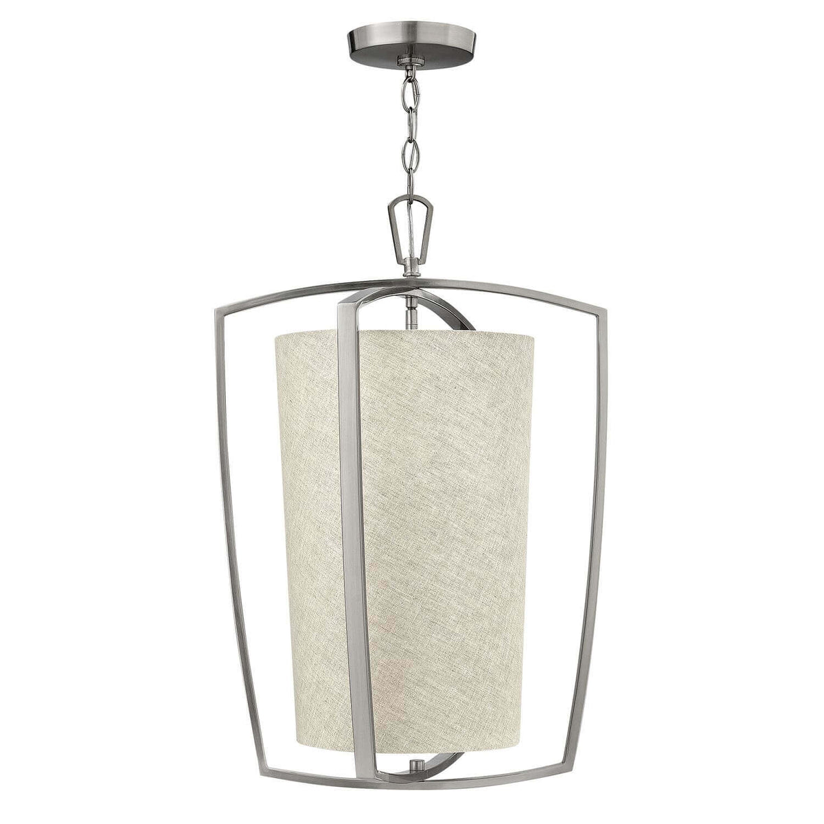 Vue de face d'une suspension nickel satiné avec abat-jour cylindrique en textile beige et cadre ouvert.
