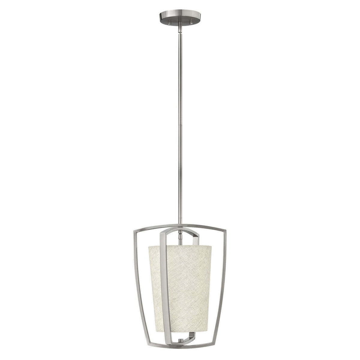 Suspension vue de face sur fond blanc, cadre métallique et abat-jour en tissu