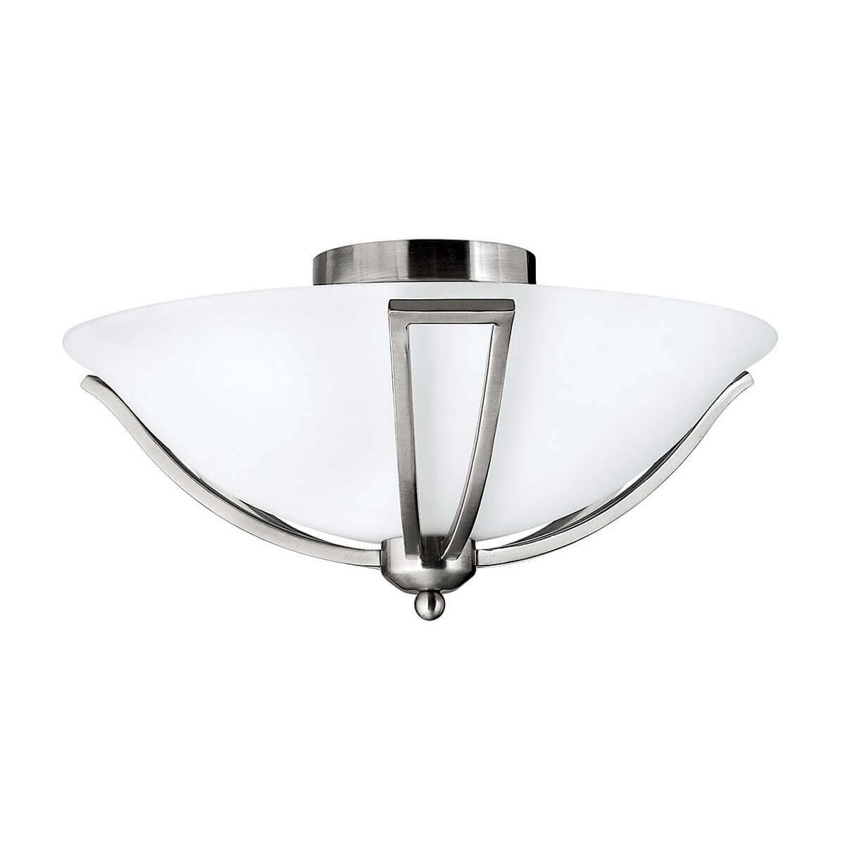 Plafonnier deux lumières vu de face, verre opalin blanc et armature nickel satiné
