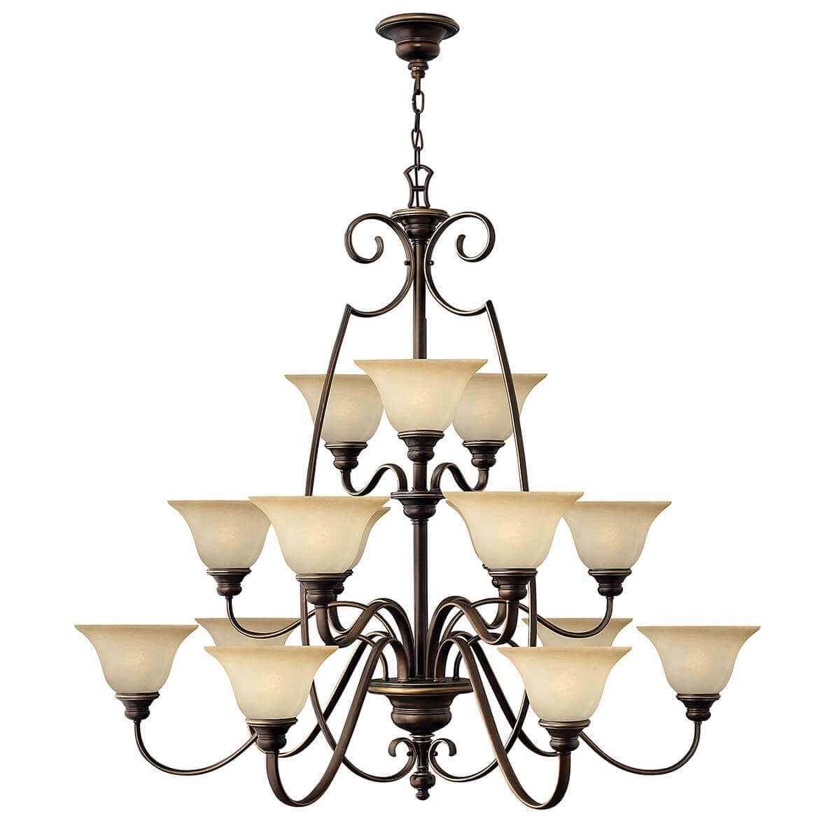 Lustre complet à quinze lumières, montrant sa silhouette à trois niveaux et ses abat-jours.