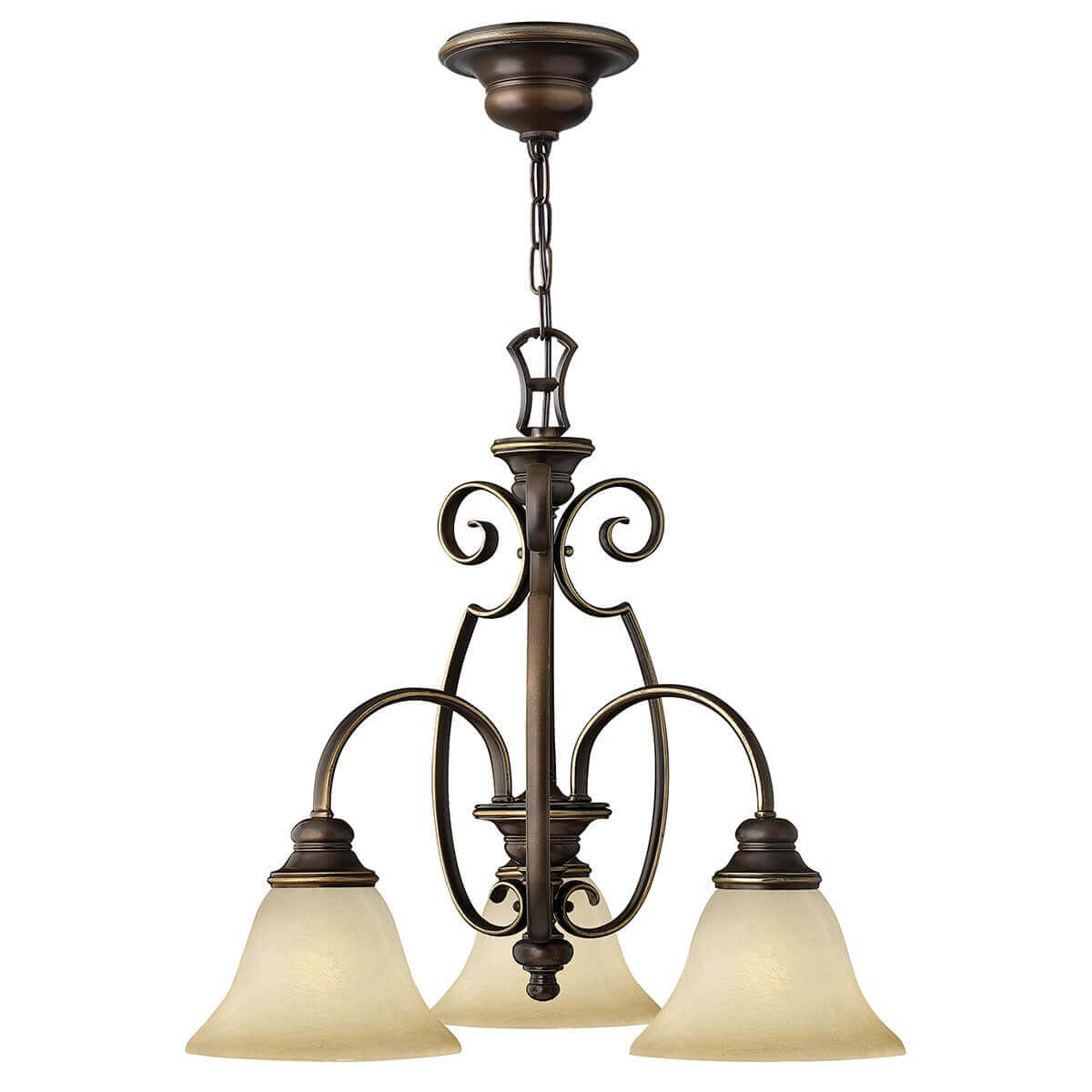 Lustre trois lumières en bronze avec abat-jour en albâtre, vue de face