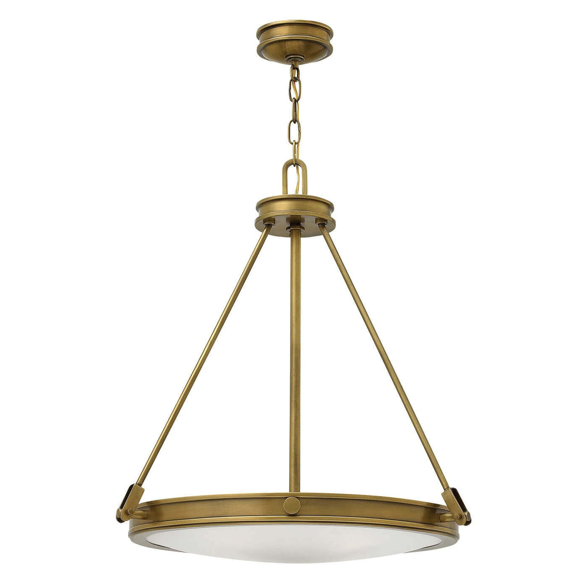 Vue d'ensemble du luminaire suspendu en laiton avec diffuseur en verre.