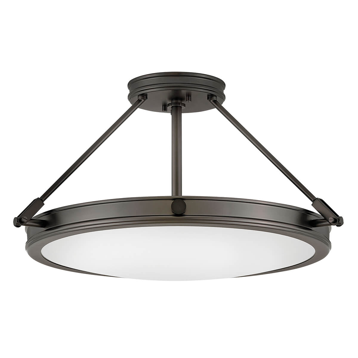 Plafonnier circulaire noir et verre blanc vu de face sur fond neutre.