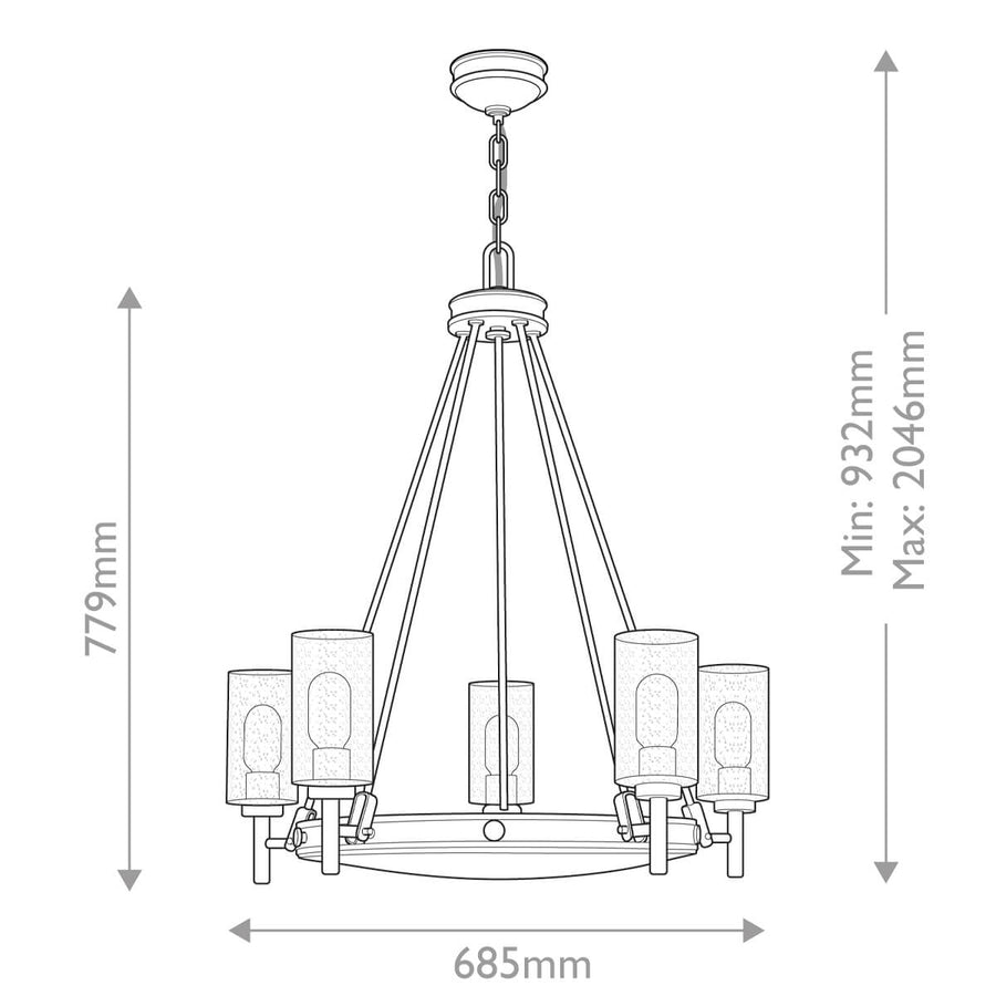 Schéma technique du lustre avec largeur 685 mm et hauteur réglable de 932 à 2046 mm