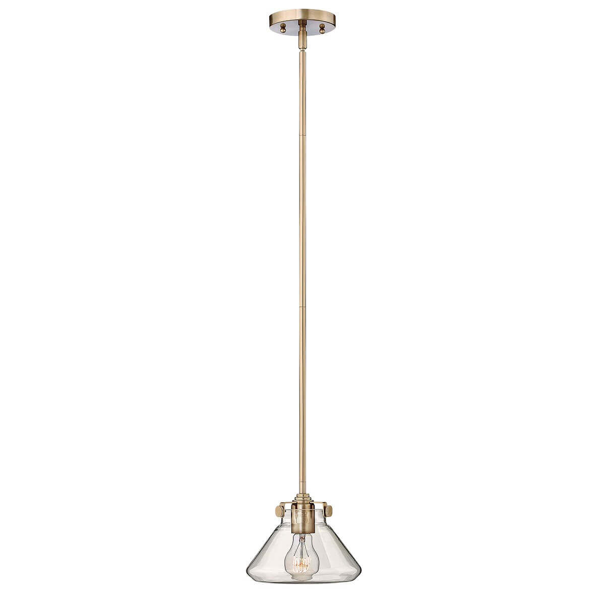 Suspension complète de face, verre transparent conique et finition métallique dorée avec ampoule visible.