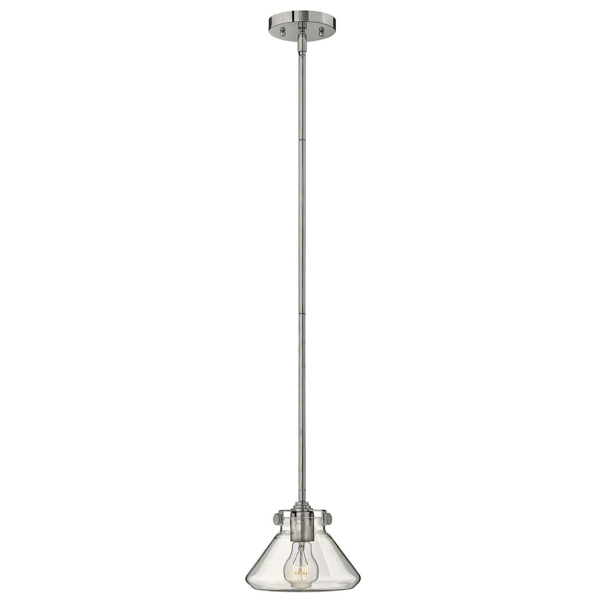 Vue de face du luminaire suspendu complet avec sa tige et son abat-jour en verre