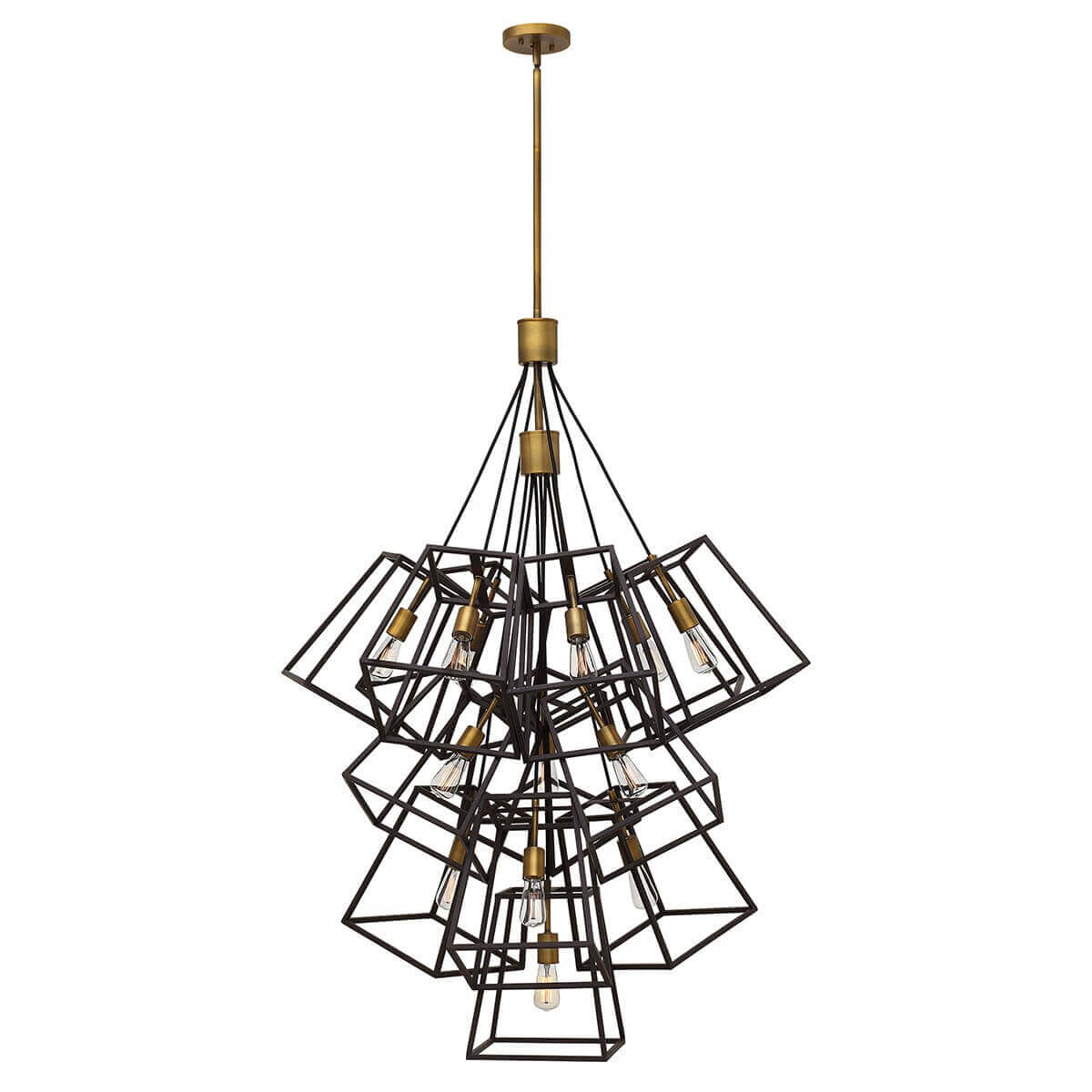 Lustre suspendu en métal noir géométrique avec treize ampoules apparentes et finitions bronze.