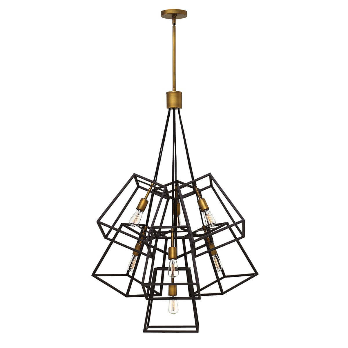 Lustre suspendu vu de face, structure géométrique noire et sept ampoules apparentes