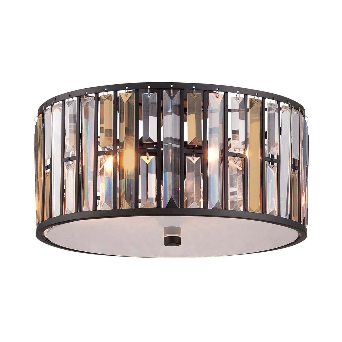 Plafonnier cylindrique vu de face, structure bronze et prismes de cristal suspendus tout autour