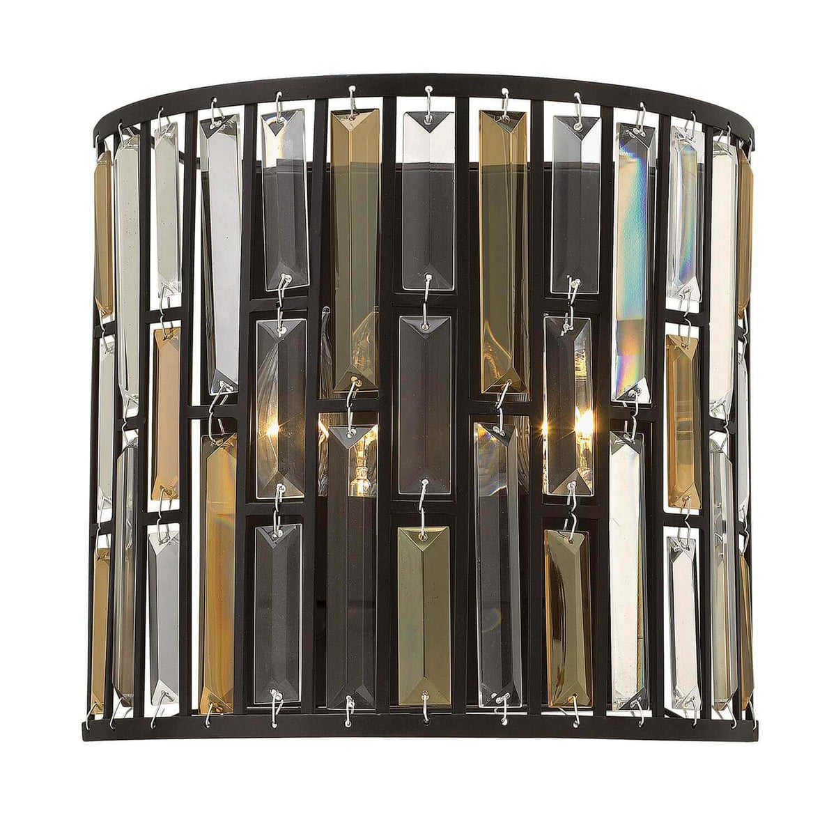 Vue de face du luminaire mural montrant la cage métallique et ses cristaux suspendus