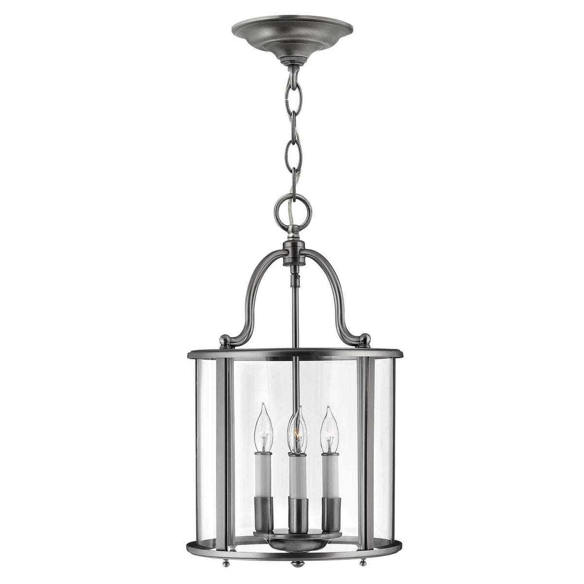 Suspension complète en métal argenté avec verre cylindrique transparent et trois ampoules visibles.