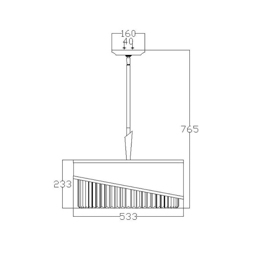 Schéma coté du luminaire : hauteur totale 765 mm, diamètre 533 mm et fixations