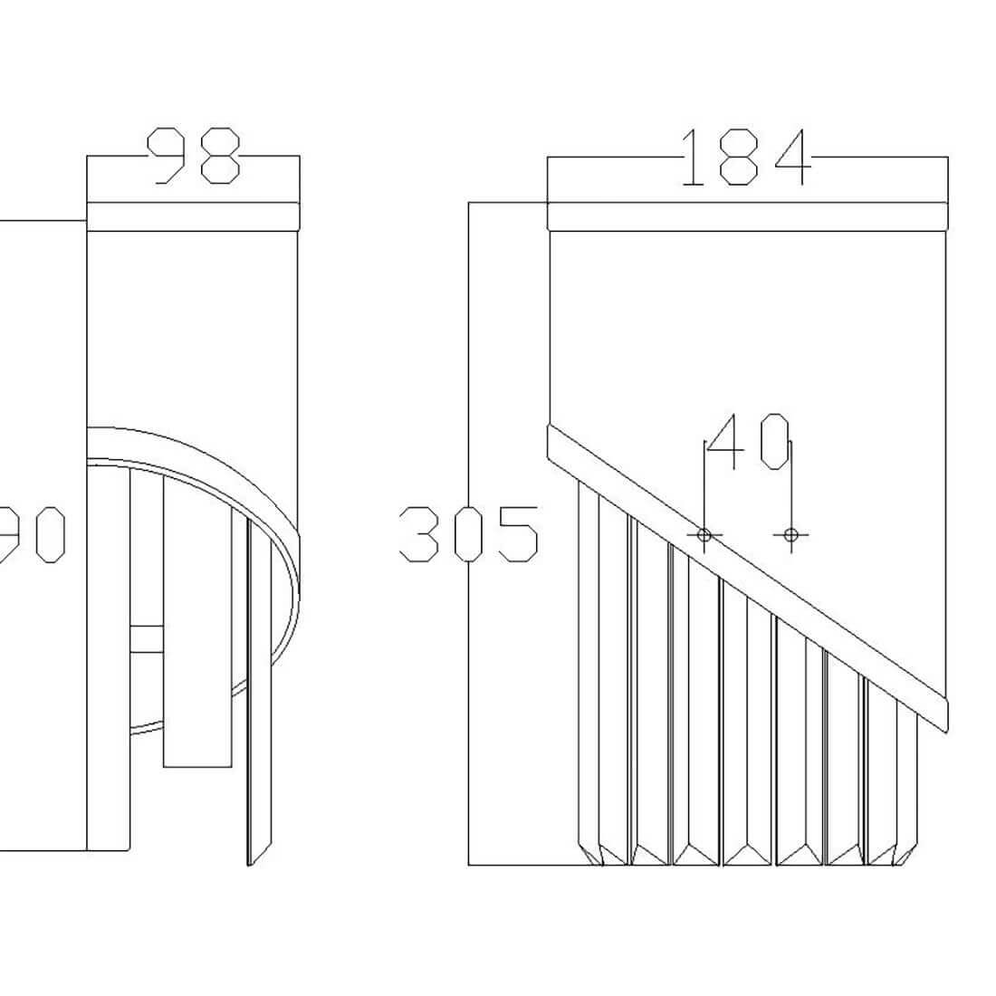Schéma technique coté du luminaire montrant hauteur, largeur et entraxe de fixation