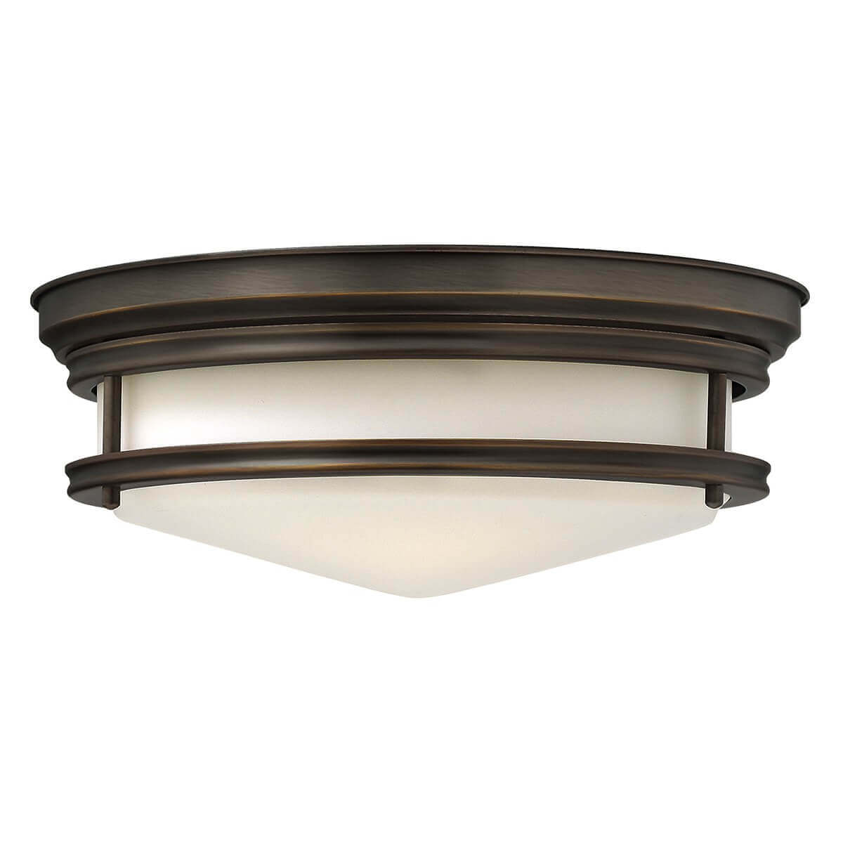 Plafonnier rond en métal bronze foncé avec vasque en verre opalin blanc, vue de face