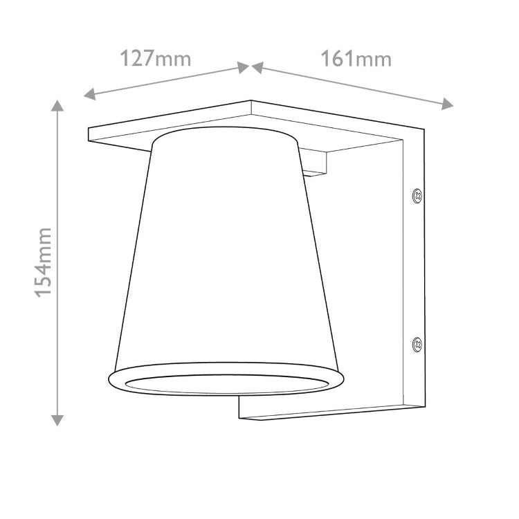 Schéma coté de l'applique murale avec dimensions 127, 161 et 154 mm.