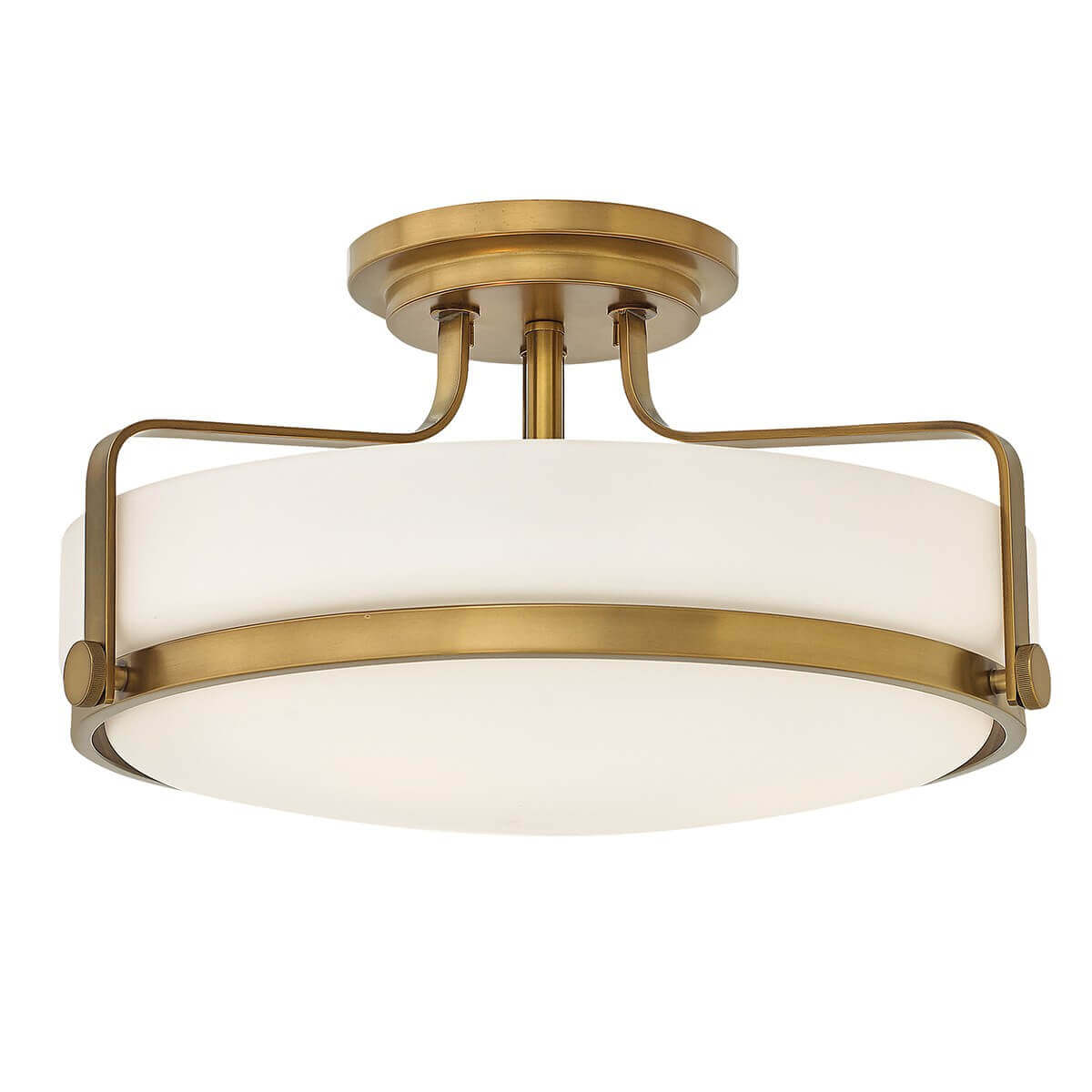 Plafonnier trois lumières vu de face, monture laiton et vasque en verre opalin
