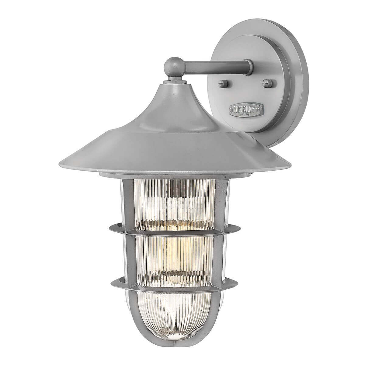 Applique murale extérieure argentée avec chapeau conique et verre strié sous cage métallique