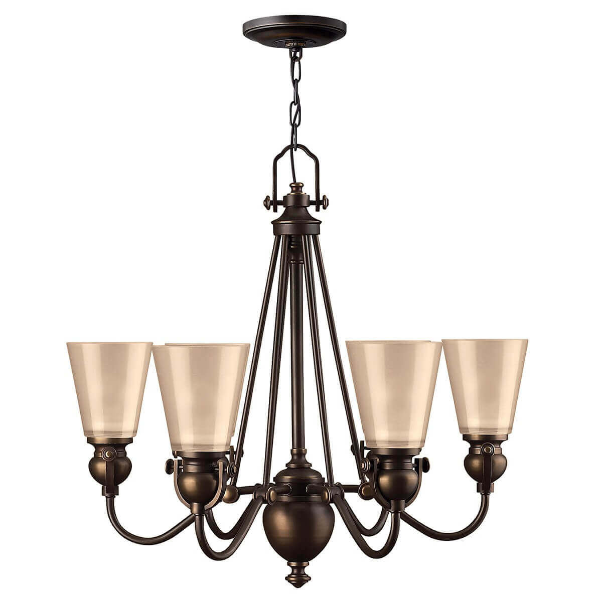 Lustre complet de face avec six bras recourbés et abat-jours en verre coniques.