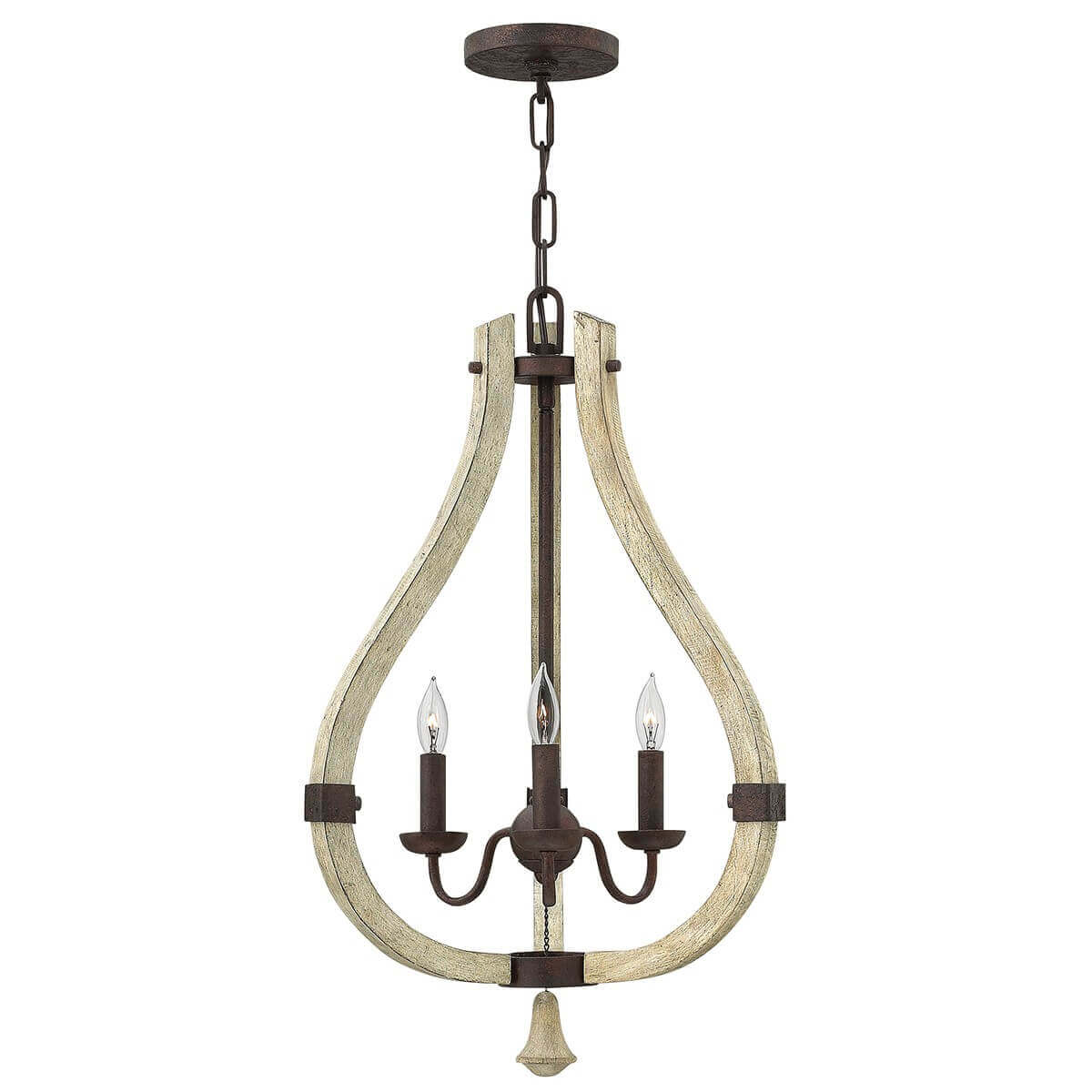 Lustre complet vu de face sur fond blanc, structure bois et métal rouille