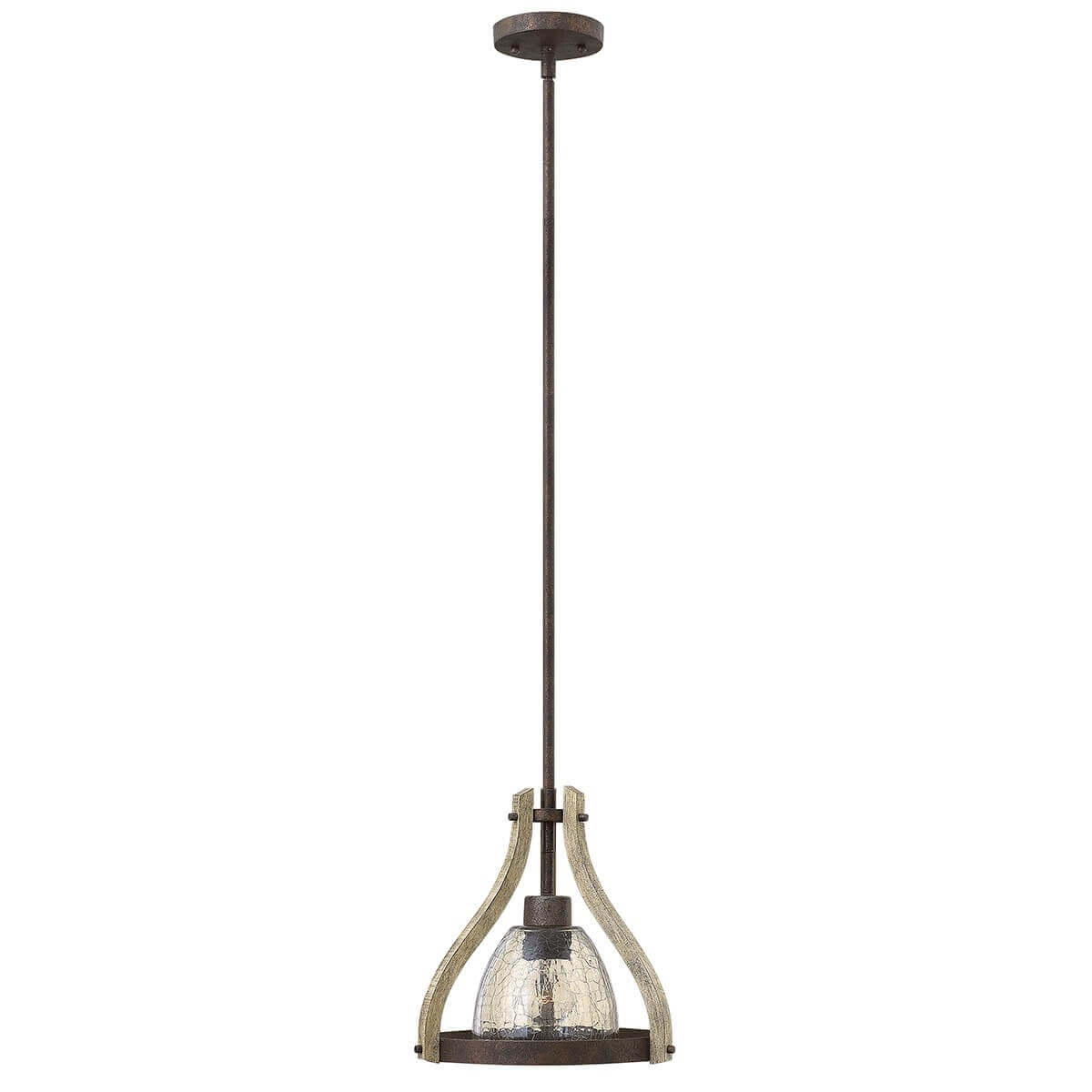 Suspension complète avec tige centrale, bras en bois courbés et abat-jour en verre craquelé.