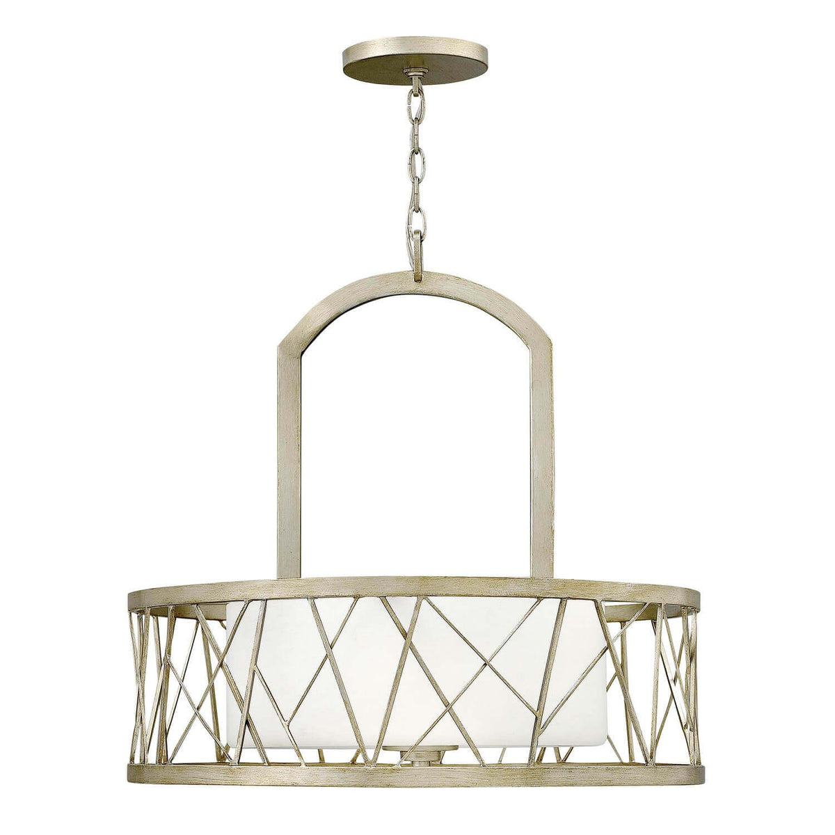 Lustre suspension argenté avec cage cylindrique et diffuseur en verre blanc