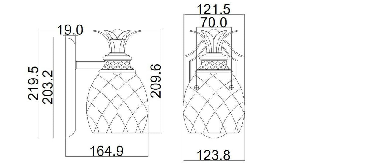 Schéma technique coté présentant les dimensions en millimètres de l'applique murale