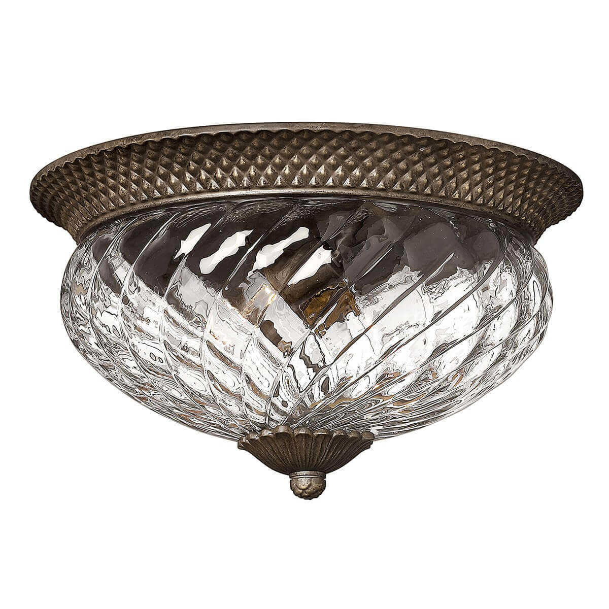 Plafonnier complet vu de face, cerclage bronze martelé et coupe de verre transparent