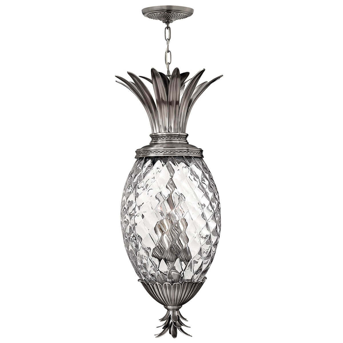 Suspension complète en forme d’ananas avec chaîne et verre transparent sur fond blanc