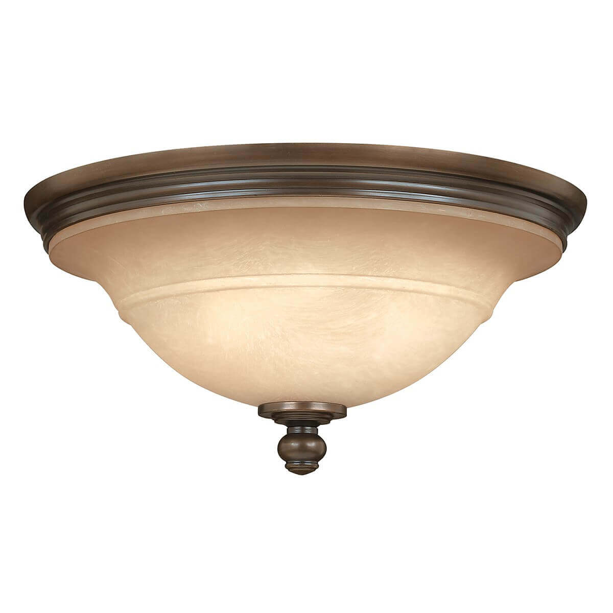 Plafonnier trois lumières vu de face, verre ambré, monture bronze foncé