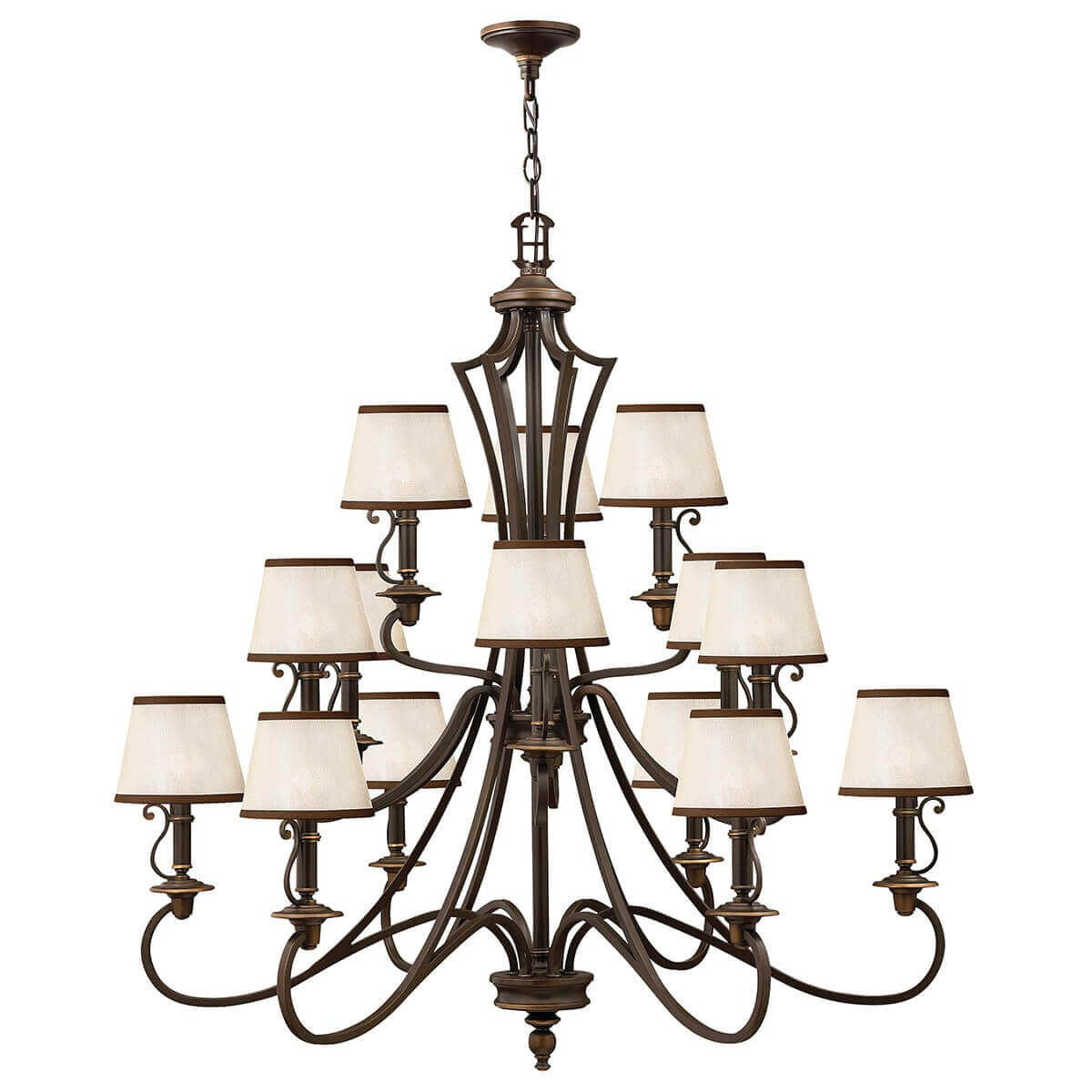 Lustre en bronze à quinze lumières avec abat-jours en tissu, sur fond blanc