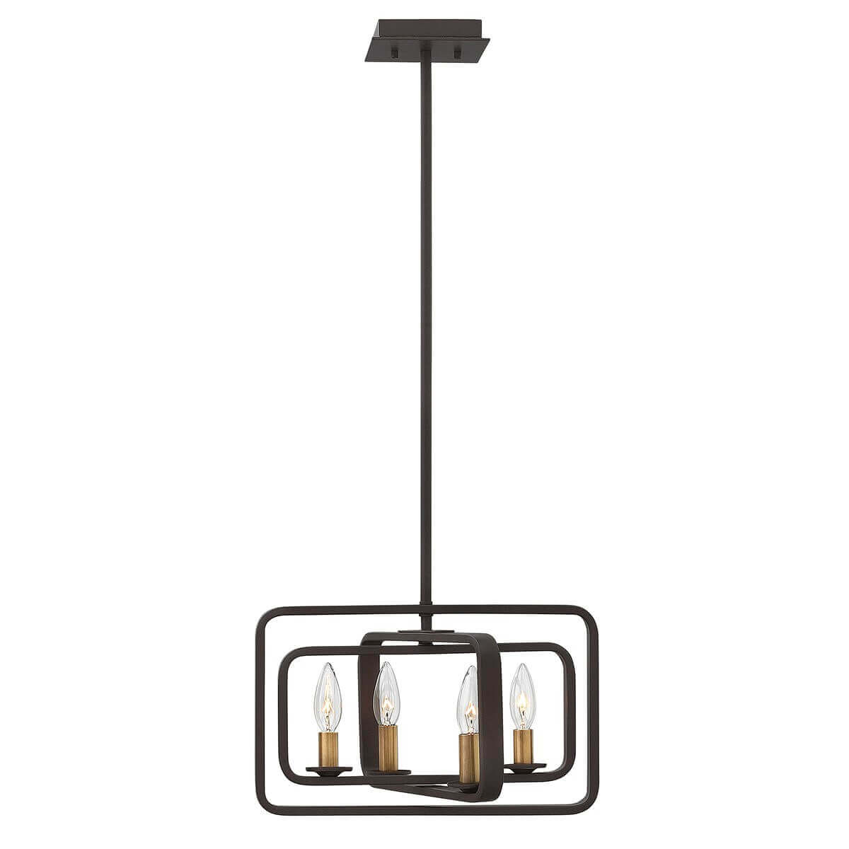Suspension rectangulaire en bronze avec quatre lumières à douilles dorées