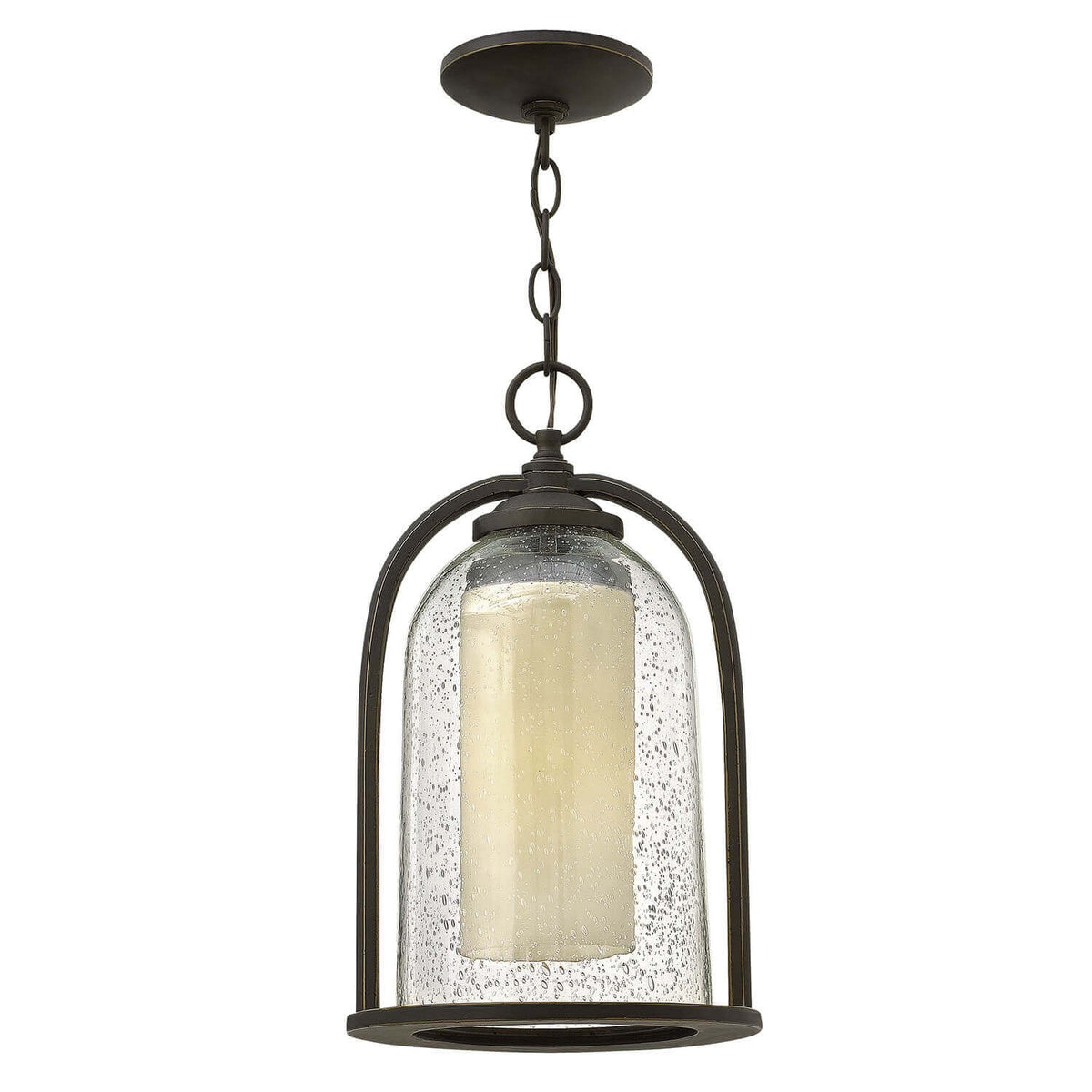 Suspension extérieure en bronze avec verre granité et abat-jour cylindrique intérieur.