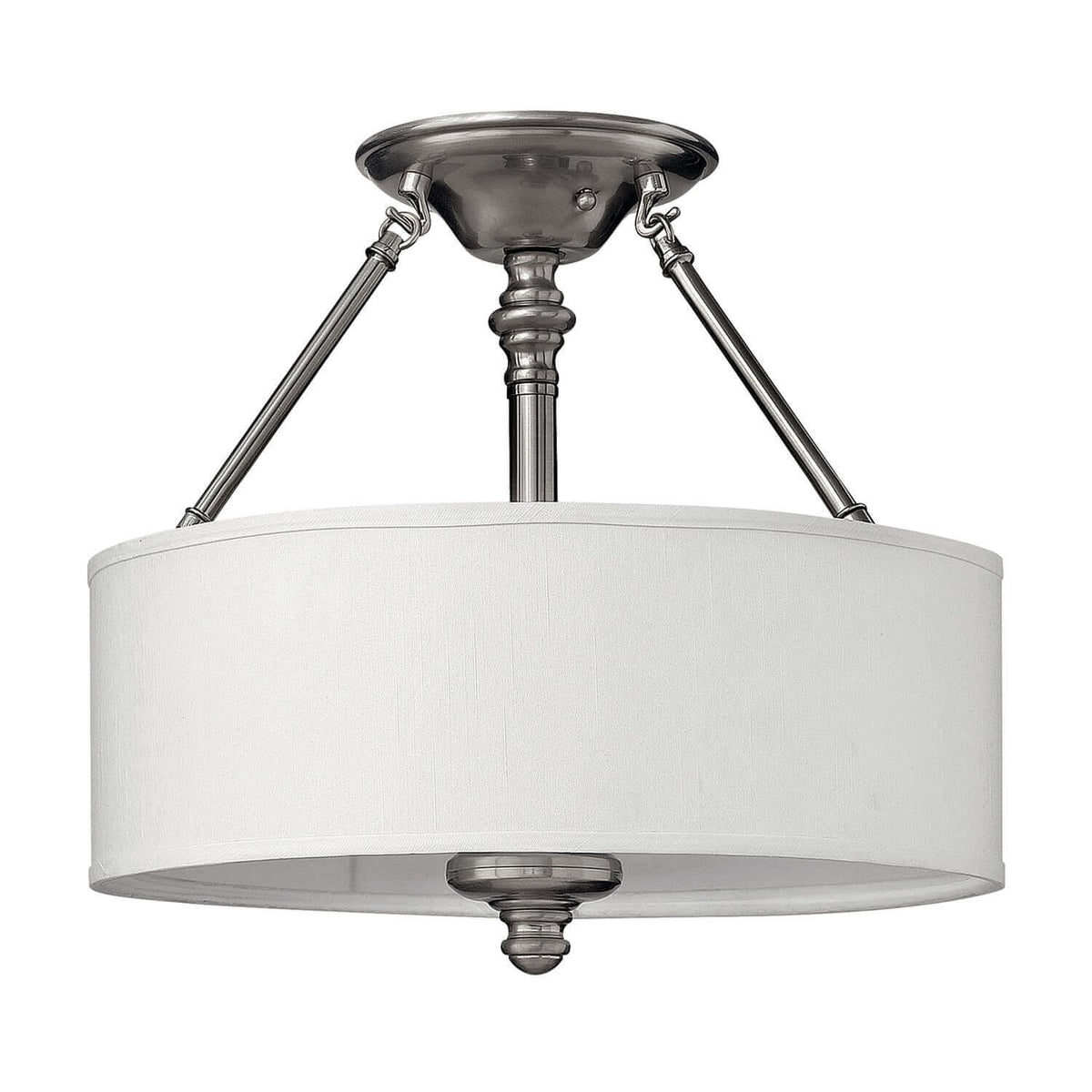 Vue de face du plafonnier complet avec abat-jour tambour blanc et structure nickel satiné