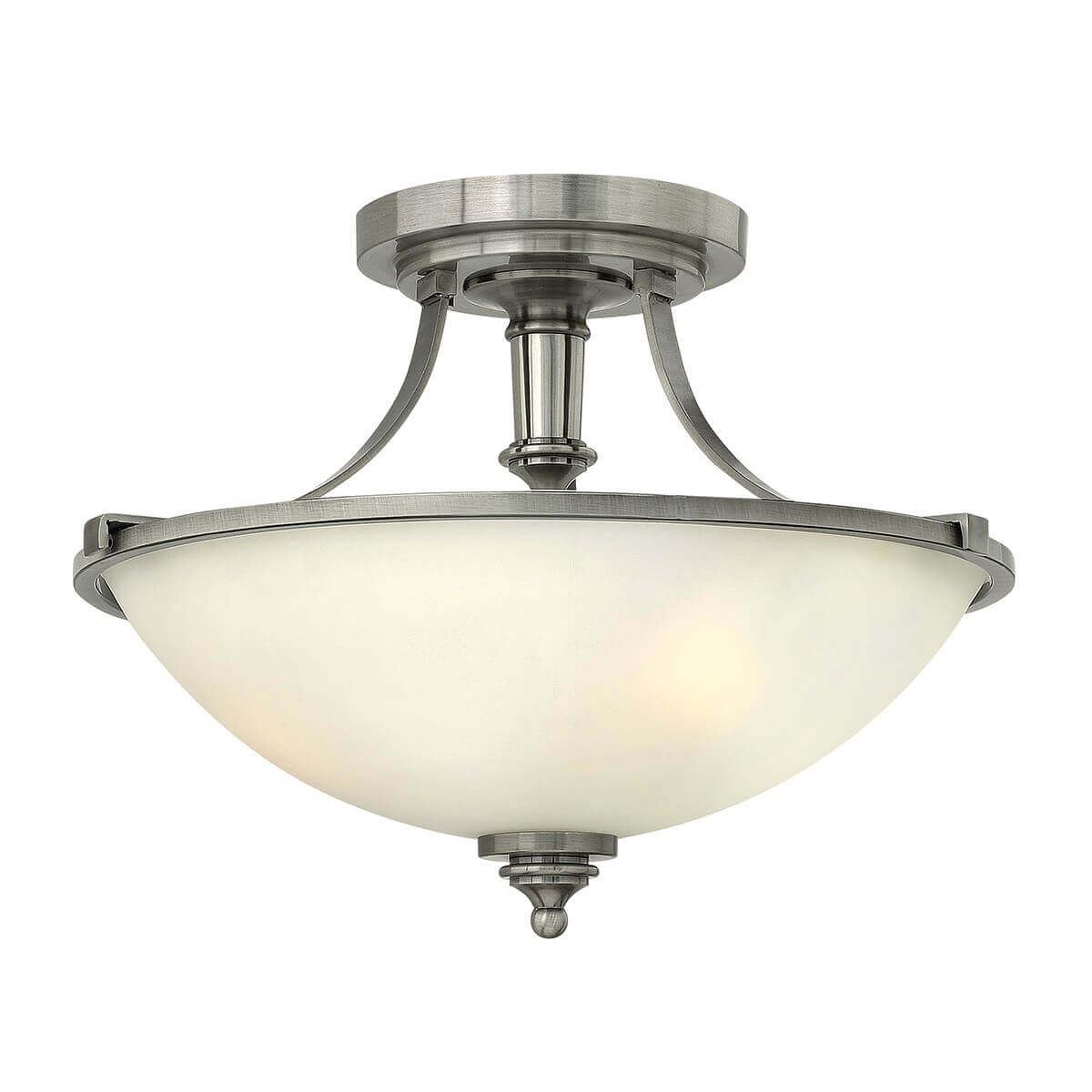 Plafonnier trois lumières vu de face, coupelle nickel brossé et verre dépoli