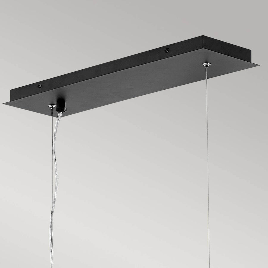 Détail de la platine rectangulaire noire fixée au plafond avec ses câbles