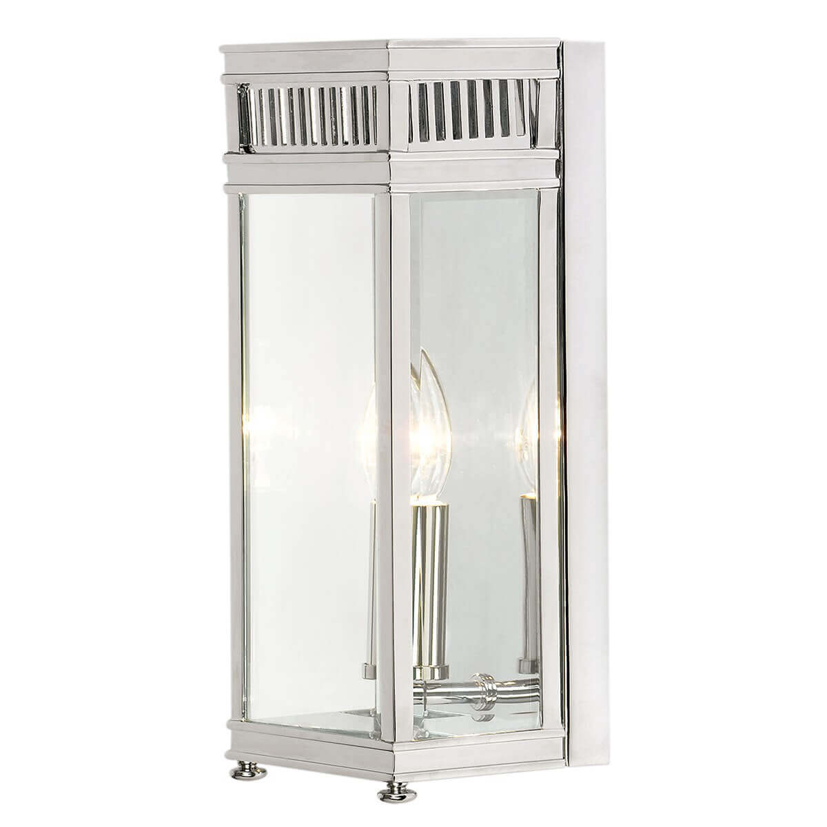 Applique murale extérieure rectangulaire chromée avec verre transparent, vue de face sur fond blanc