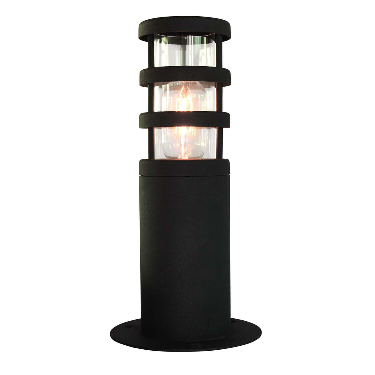 Lampadaire extérieur cylindrique noir, vitre transparente et ampoule allumée, de face sur fond blanc