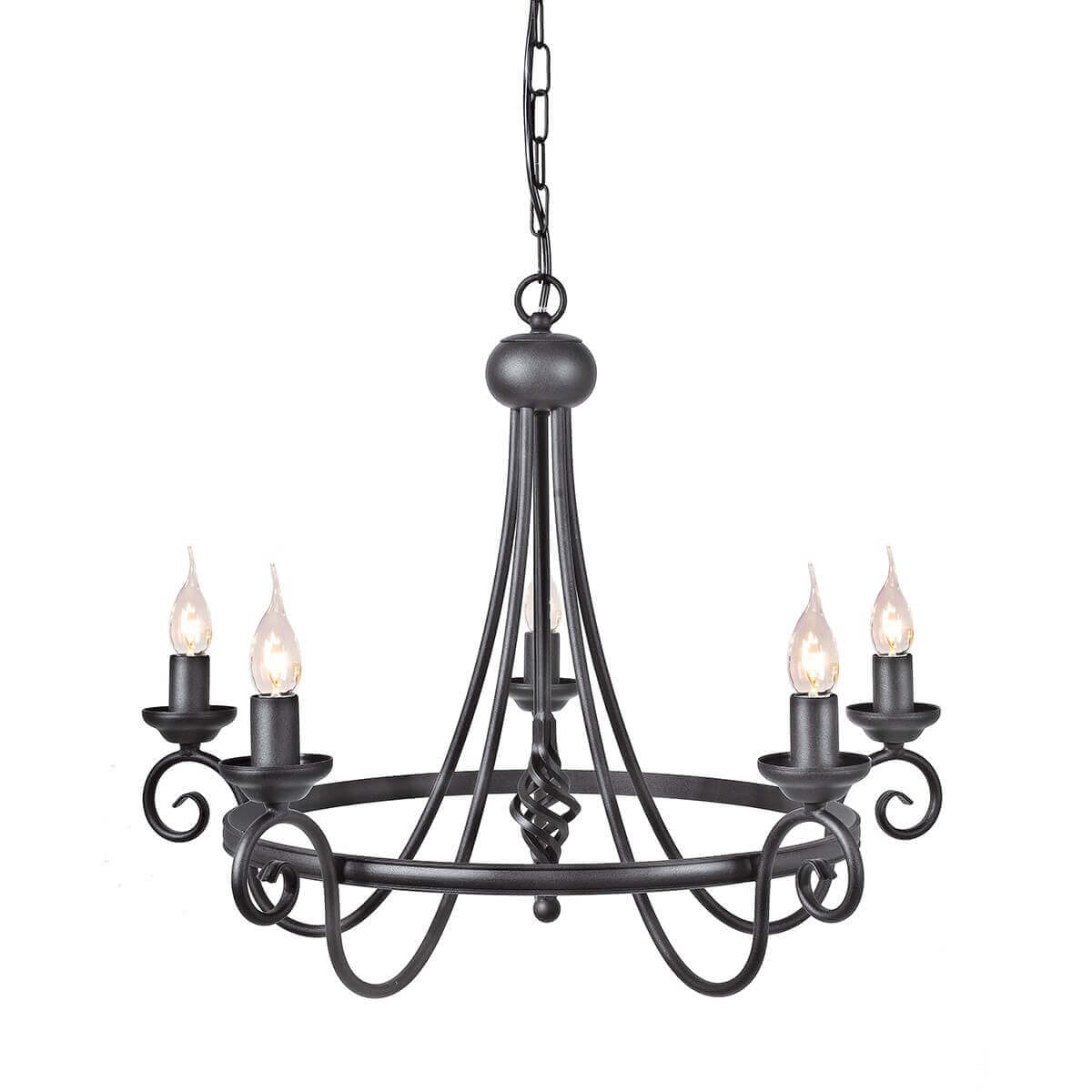Lustre noir cinq lumières en métal forgé, vue de face sur fond blanc