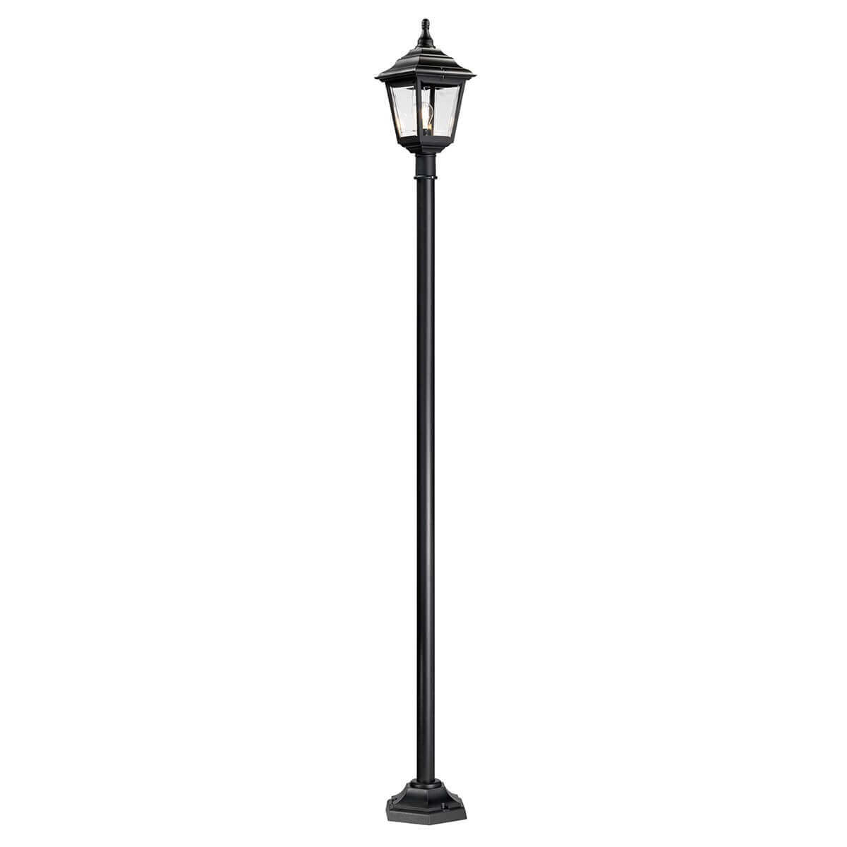Lampadaire extérieur noir entier de face avec lanterne et pied sur fond blanc.