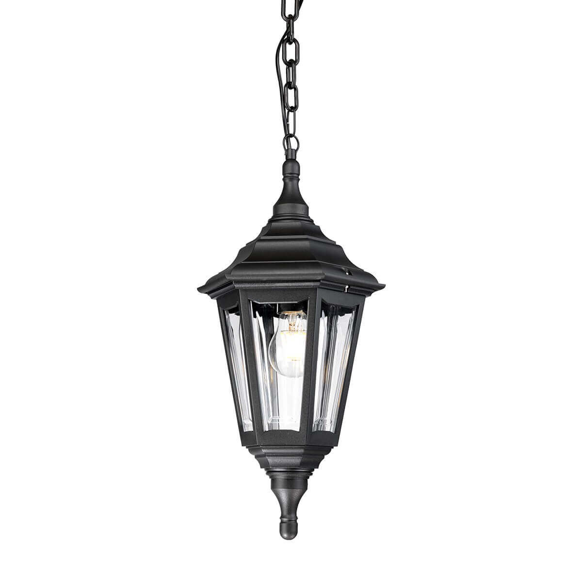 Suspension lanterne extérieure noire vue de face avec ampoule visible