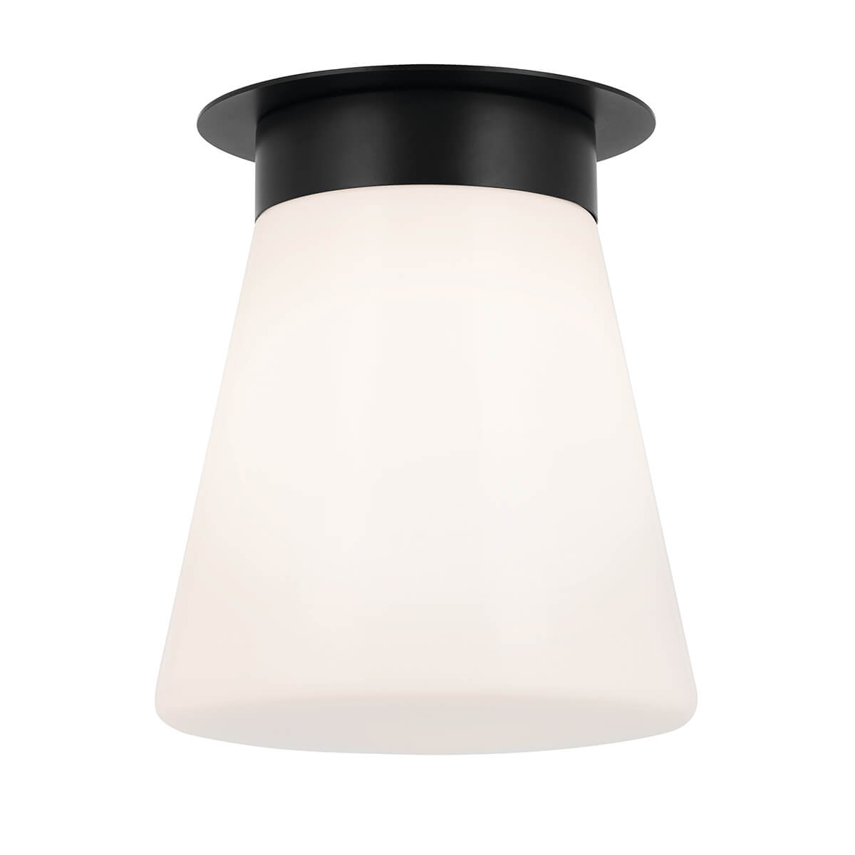 Plafonnier noir et opale vu de face sur fond blanc, collerette et verre conique