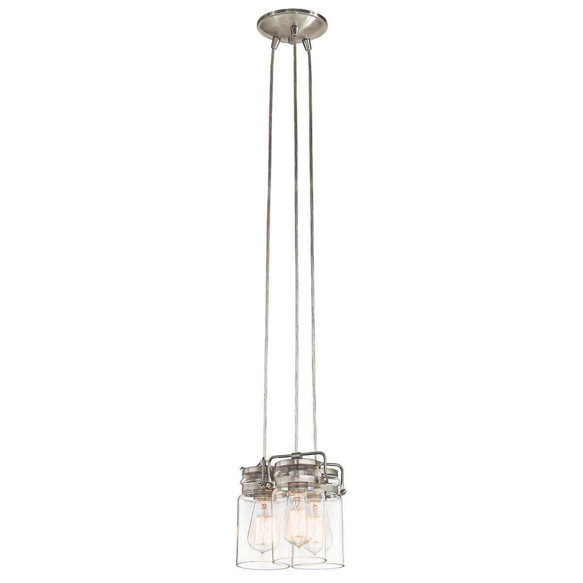 Suspension trois lumières vue de face avec verres transparents et câbles.