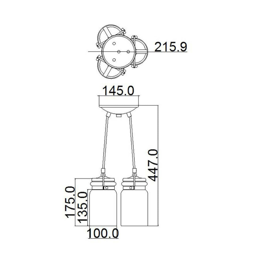 Schéma technique coté présentant les dimensions de la suspension et des verres.