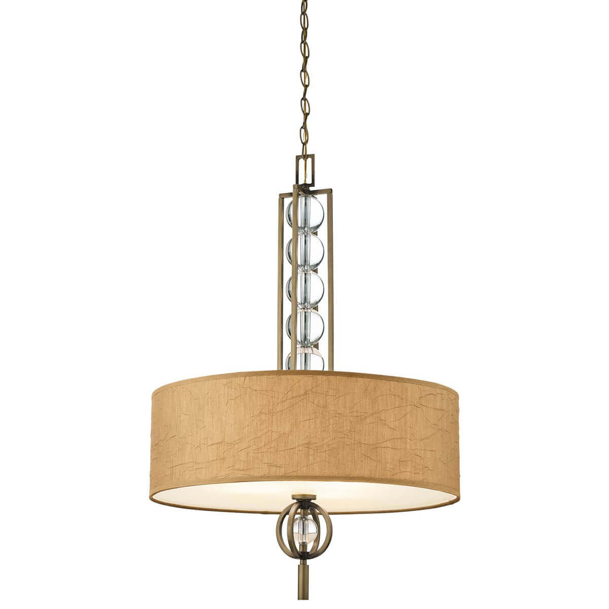 Luminaire suspendu de face avec abat-jour tambour beige et chaîne bronze