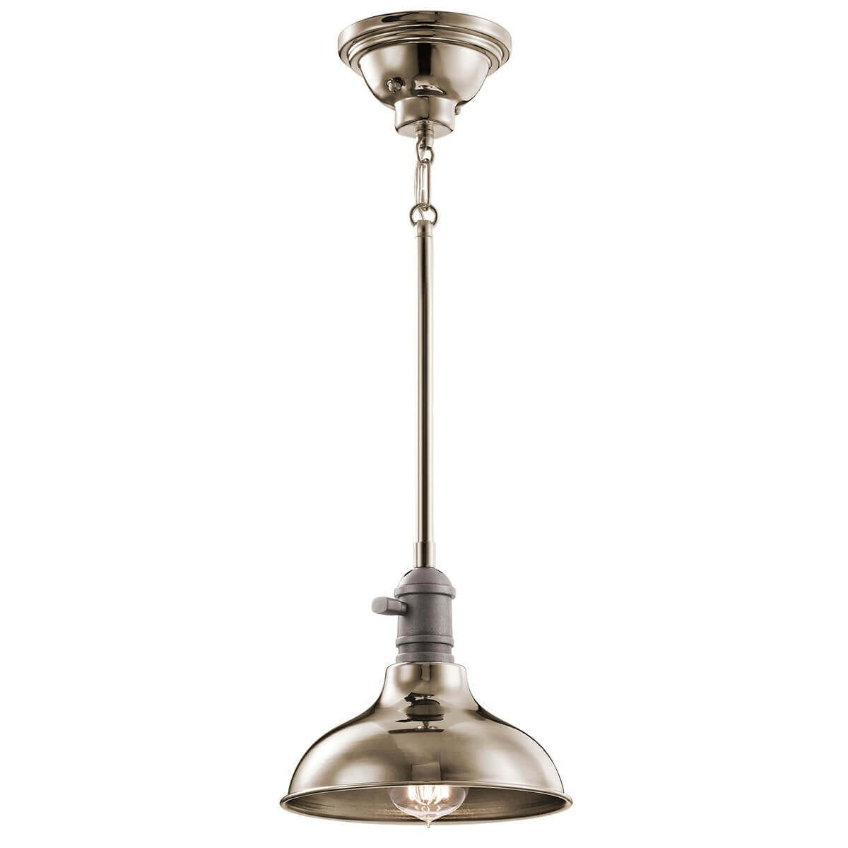 Suspension vue de face avec tige, rosace et ampoule allumée sous le diffuseur