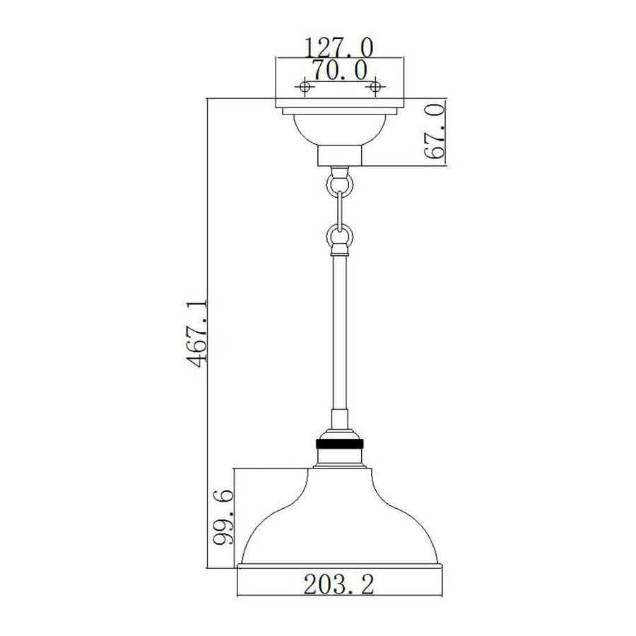 Schéma technique coté du luminaire avec dimensions en millimètres