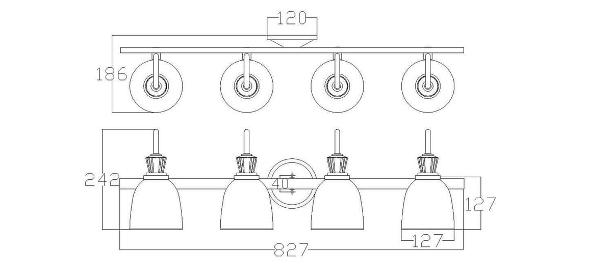Schéma technique coté de l'applique avec dimensions en millimètres de face et de profil
