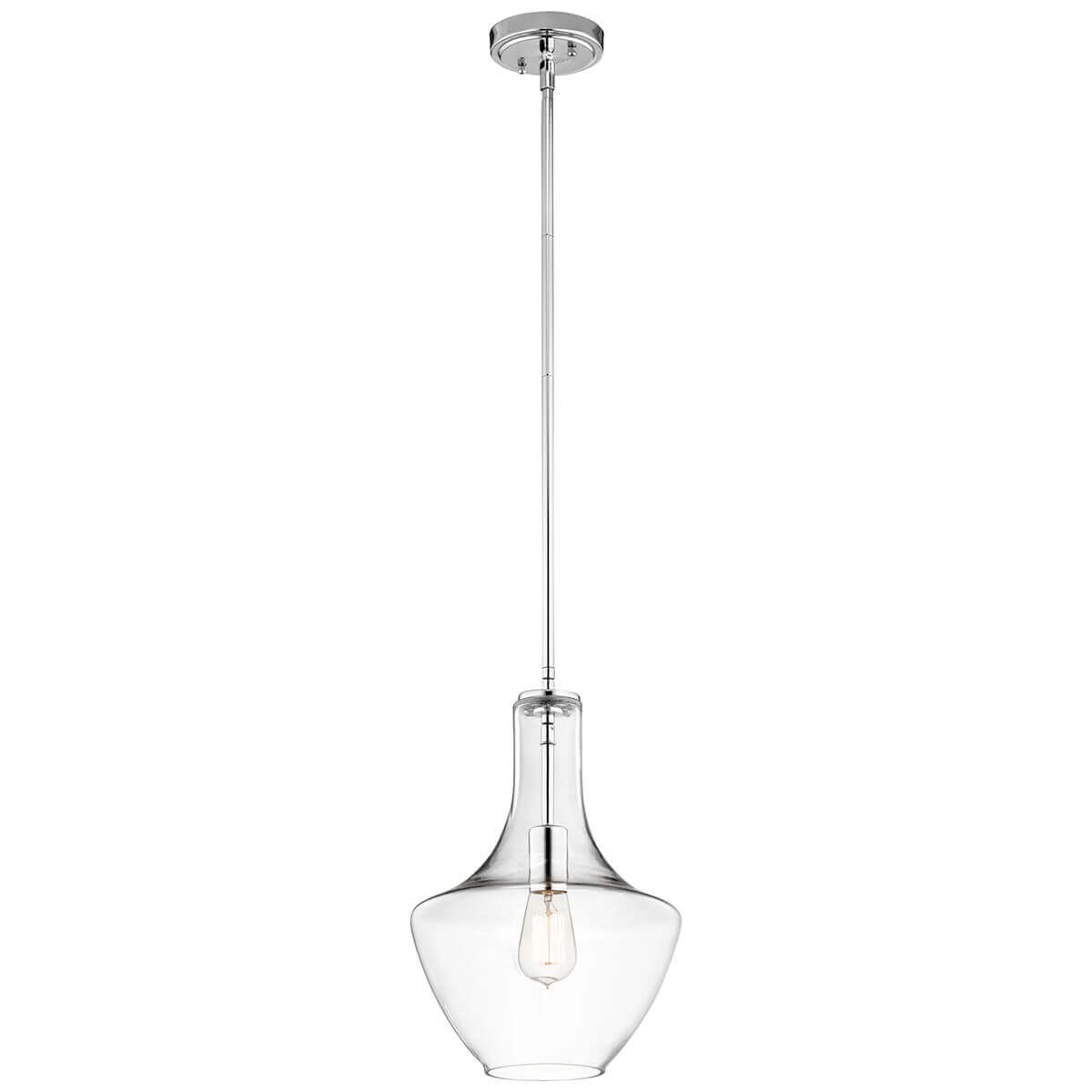 Suspension en verre transparent et chrome avec ampoule visible, vue de face sur fond blanc