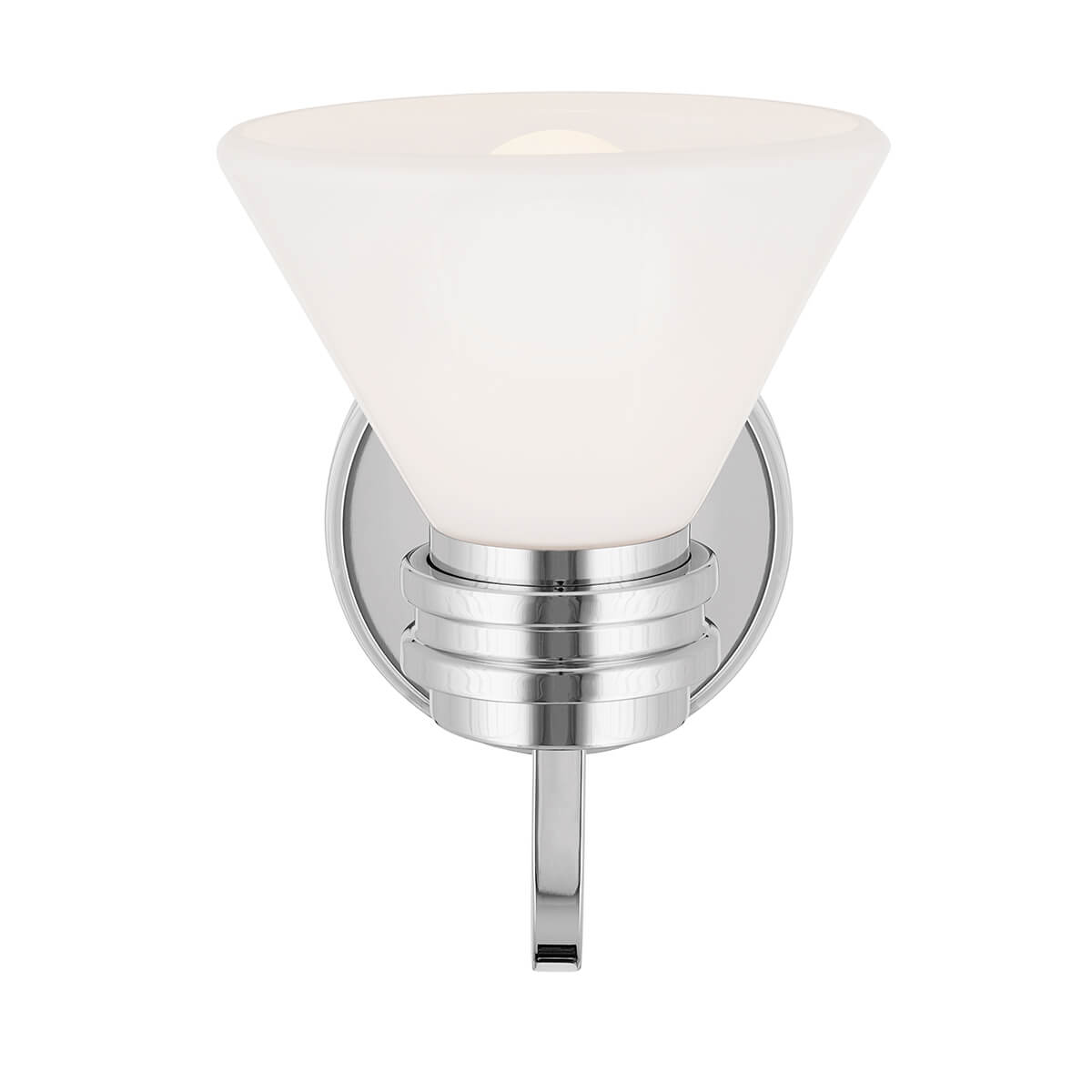 Autre angle de l'applique chromée dévoilant le dessous du diffuseur en verre opalin.