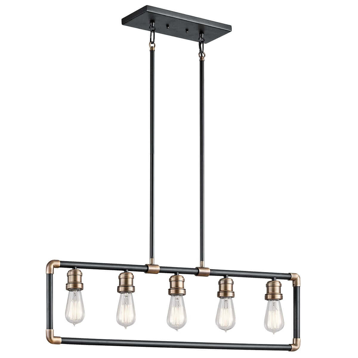 Suspension rectangulaire noire à cinq ampoules apparentes, vue de face sur fond blanc.